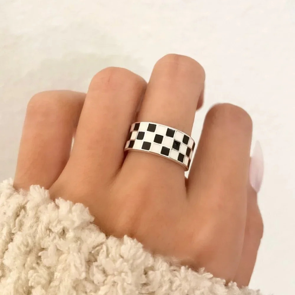 925 Sterling Silver Black & White Checkered Ring Minimalist Ring